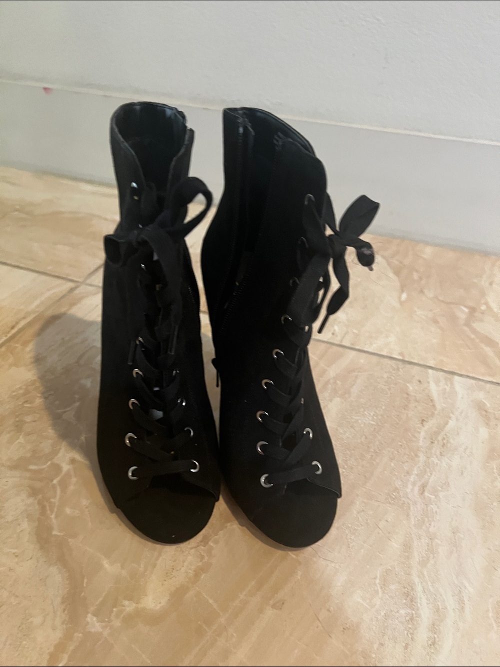 Mix No. 6 Black Lace-Up Peep-Toe Ankle Booties with Ribbon Ties